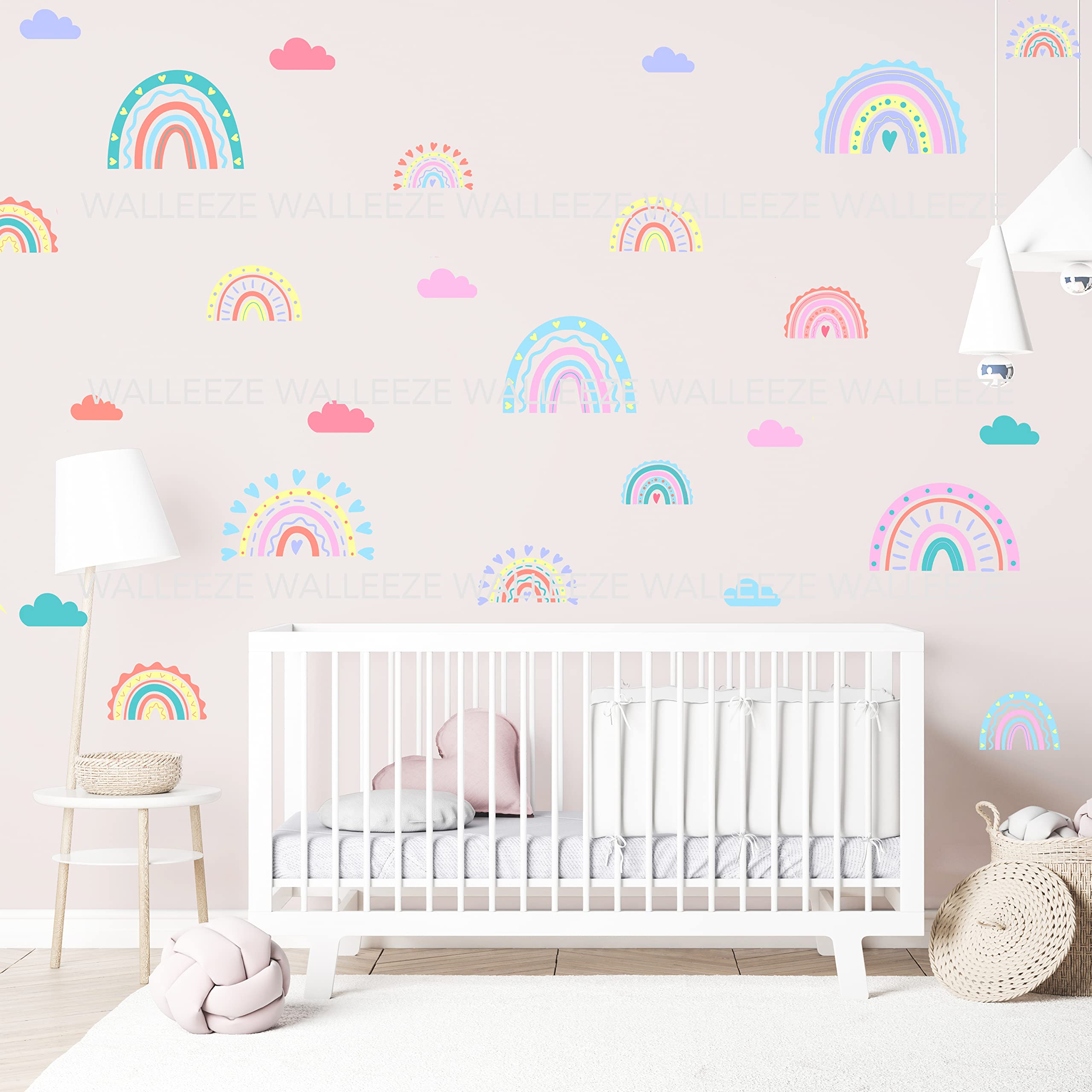 Rainbow Wall Stickers, Cute Girls Bedroom Wall Decals Childrens Cartoon Pastel Rainbow Bedroom playroom Nursery Wall Decals