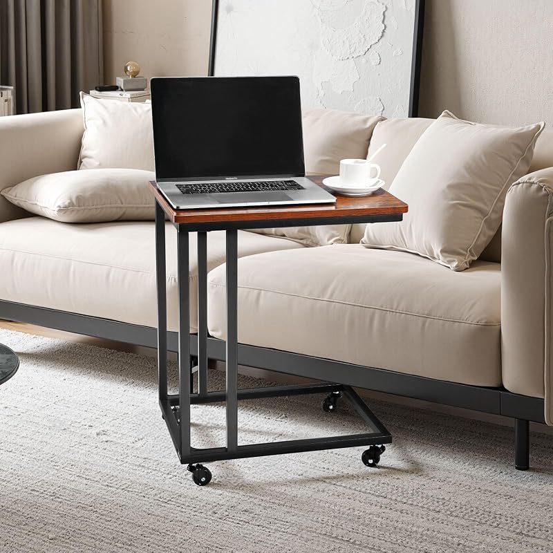 Beistelltisch Kaffeetisch mit Metallrahmen rollbar, C-förmiger Couchtisch für Wohnzimmer Schlafzimmer Büro 500 x 350 x 605 mm TV-Tablett, Wohzimmertisch Sofatisch Braun und Schwarz