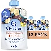 Gerber Toddler Food, Baby Food Pouches for Toddlers, Banana Blueberry, Fruit Puree, Yogurt & Whole Grains, Iron & Choline Helps Support Brain Development, No Artificial Flavors 3.5oz each (Pack of 12)