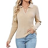 ZAFUL Women's Fall V Neck Sweater Collared Long Sleeve Polo Shirts Ribbed Knit 2025 Winter Pullover Tops