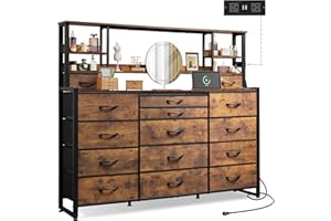 WLIVE Storage Organizer Unit with 15 Fabric Drawer & 5 Open Shelves, Tall Storage Drawers Organizer with Charging Station, Storage Tower Organizaton for Living Room, Hallway, Office, Rustic Brown