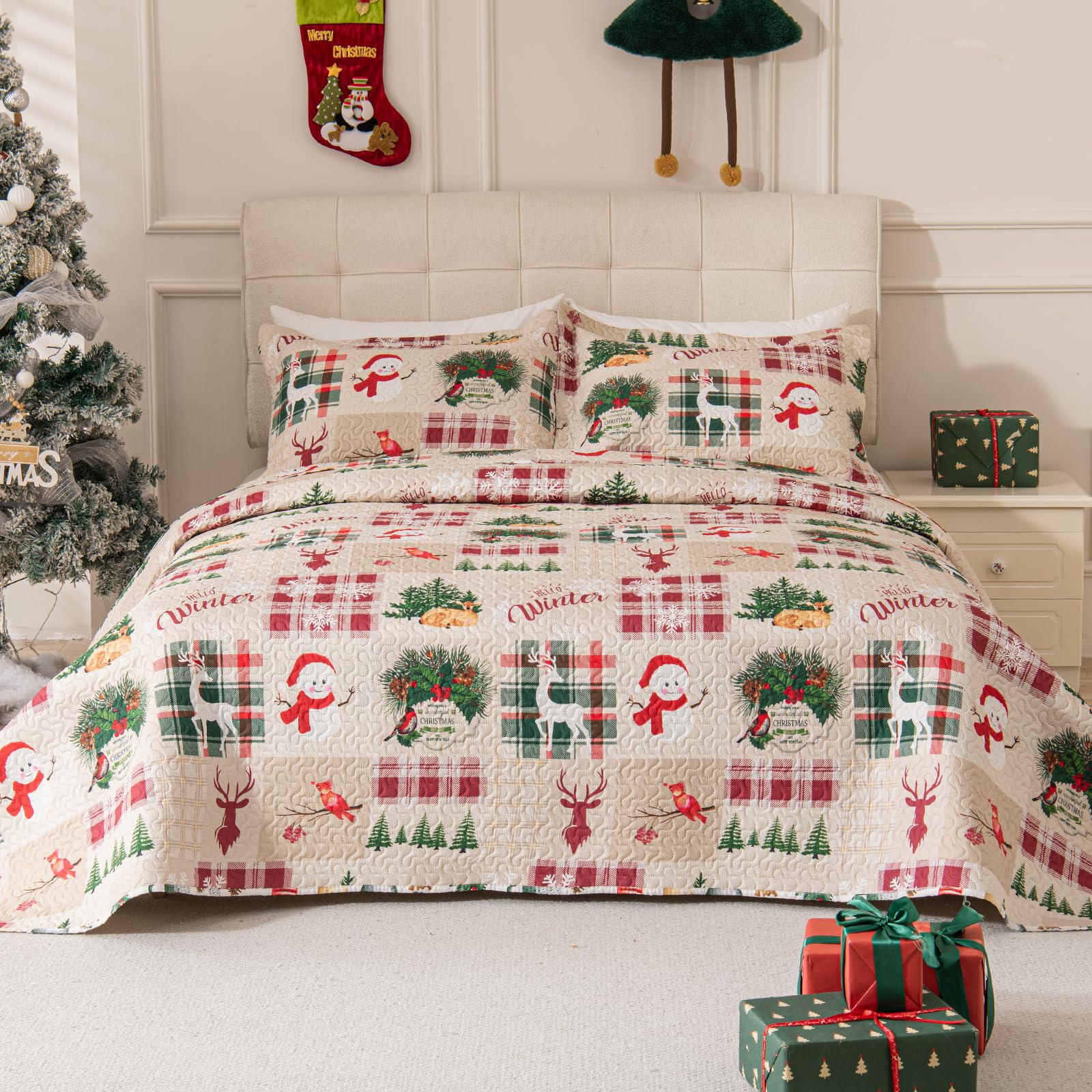 Photo 1 of 3-Piece Christmas Quilt Set Twin Size, Soft Xmas Snowman Reindeer Bedding Sets Christmas Snowflake Tree Bedspread, Holiday Santa Bedding Coverlet Set for All Season with 2 Pillow Shams,Beige Red