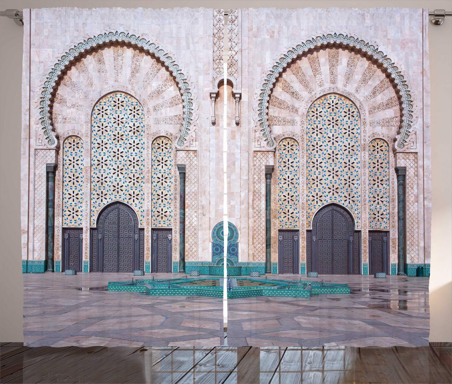 ABAKUHAUS Architecture Curtains, Eastern Exterior Vista of Casablanca Historic Building Gates and Quad Photo, Living Room Bedroom Window Drapes 2 Panel Set, 69 W X 110 L, Aqua Cream