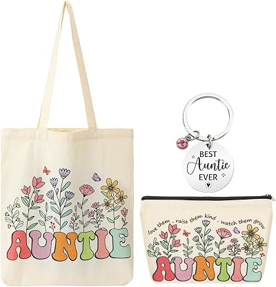 ViEinkaufen Auntie Gifts Canvas Tote Bag with Inner Pocket Makeup Bag Keyring