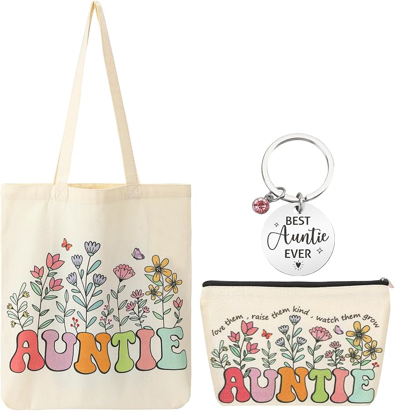 ViEinkaufen Auntie Gifts Canvas Tote Bag with Inner Pocket Makeup Bag Keyring