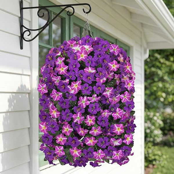 HYEFLORA ARTIFICIAL FLOWERS WITH BASKET FOR OUTDOORS, 3PCS FAUX HANGING MORNING GLORY SILK FAKE FLOWERS LIFELIKE PLANTS UV RESISTANT FLOWERS FOR OUTSIDE PLANTER PATIO GARDEN PORCH DECOR (PURPLE RED)