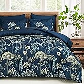 Yiran Navy Blue Floral Comforter Set King Size, 7 Piece Dandelion Botanical Spring Comforter Bedding Set, Bed in a Bag King, Soft Microfiber Complete Bedding Set with Sheets for All Season