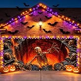 Halloween Garage Door Banner Cover Large Creepy Skull Decor 16x7 Ft | Scary Skeleton Floating in Hell Fire Lava Backdrop Outdoor Wall Mural Decor for Double Car Garage Door Holiday Party