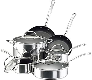 Farberware Millennium Stainless Steel Nonstick Cookware Set, 10-Piece Pot and Pan Set, Stainless Steel