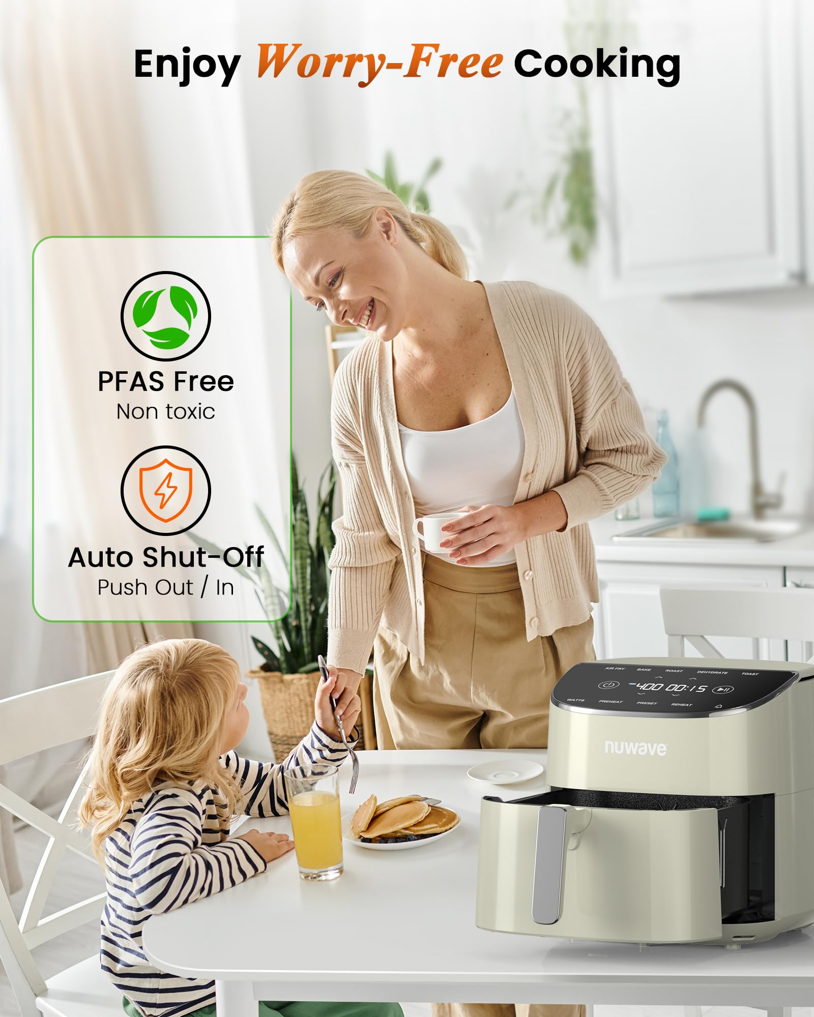 Freidora de aire Nuwave Brio Plus de 8 cuartos, nueva y mejorada, SIN PFAS, 7 funciones digitales de cocción con un solo toque que FREÍR AL AIRE, HORNEAR, ASAR, DESHIDRATAR, TOSTAR, RECALENTAR, PRECALENTAR, 150 ajustes preestablecidos, 50 °F ~ 400 °F (crema)