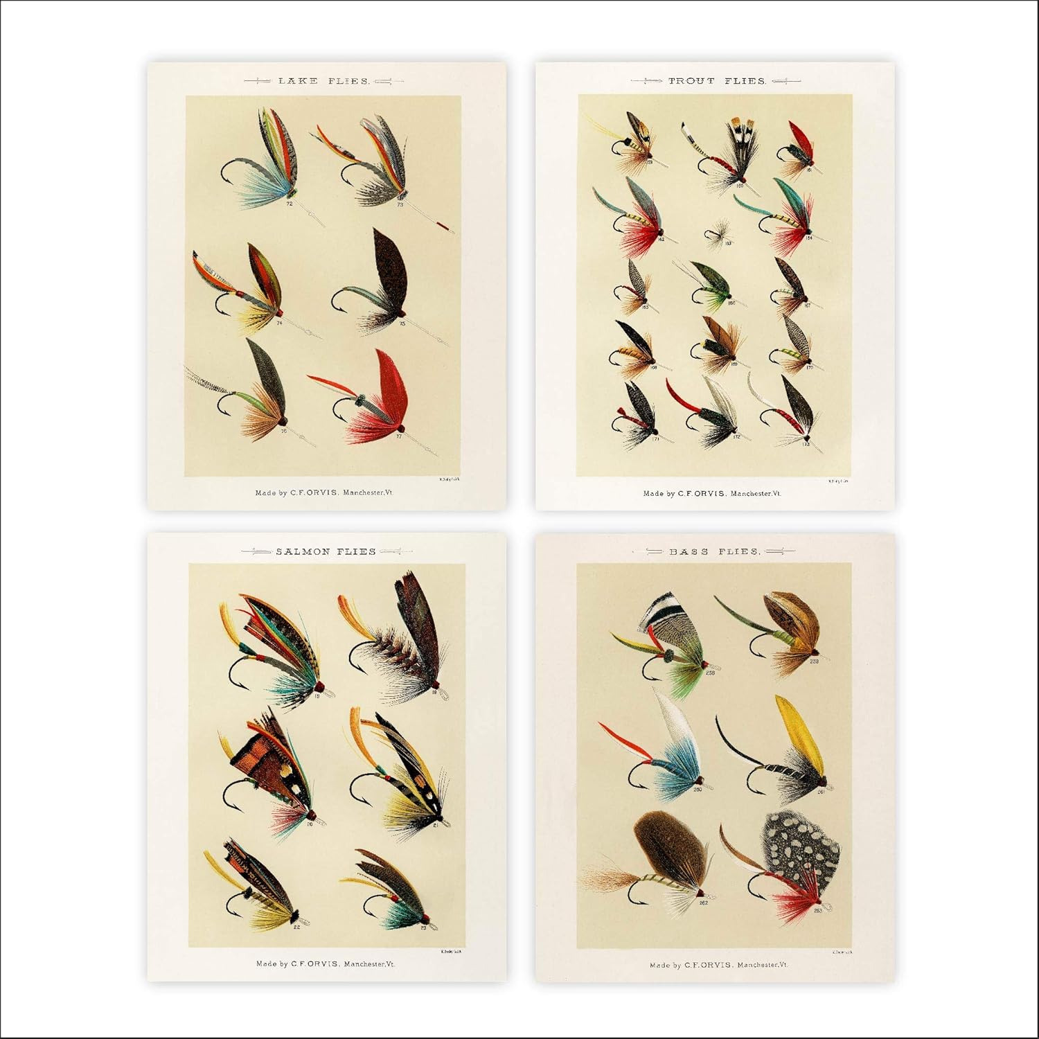 Vintage Fly Fishing Art Prints (Set of 4) Unframed 8x10