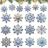 Blue Christmas Decorations 24PCS Winter Snowflakes Wooden Tree Hanging Ornaments Vintage Snowflakes Crafts with Ropes for Xmas Tree, Winter, Home, Party Decor