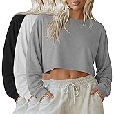 JoyMotion 3 Pack Womens Cropped Trendy Sweatshirts Oversized Casual Crewneck Shirts Raw Neckline Lightweight Workout Tops