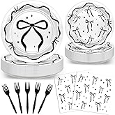 Avezano 96pcs Black Bow Plates and Napkins Black Bow Birthday Party Decorations Balck and White Bow Birthday Decorations Disposable Tableware Serve 24