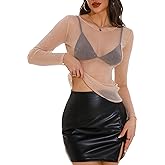 GUANYY Womens Long Sleeve Boat Neck Glitter Tops Sheer Sparkly Blouse Sexy See Through Layering Shirts