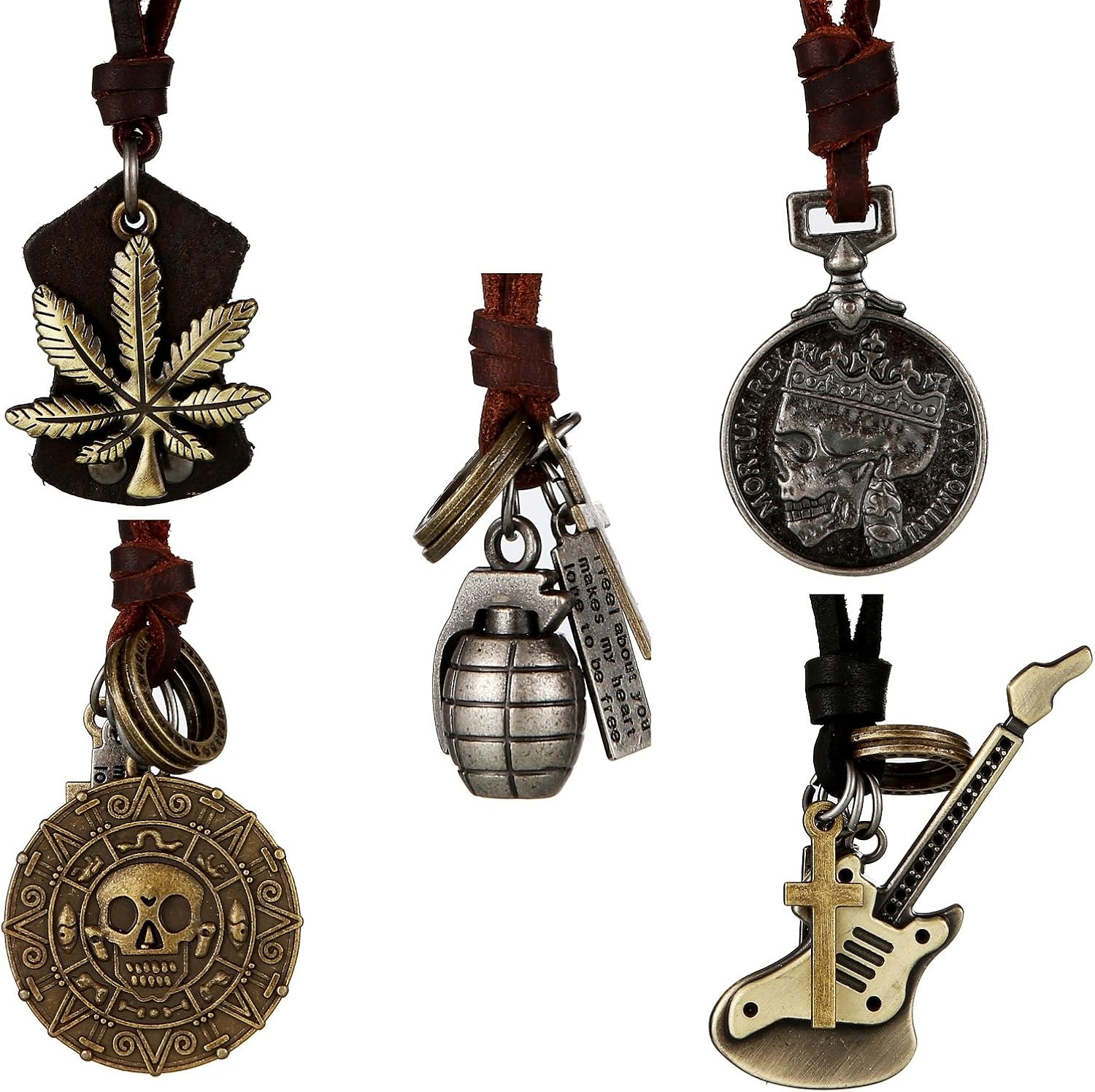 DonDon® Men's brown leather necklace with brass skull pendant and velvet pouch, Pirate Coin, Medium - Image 4