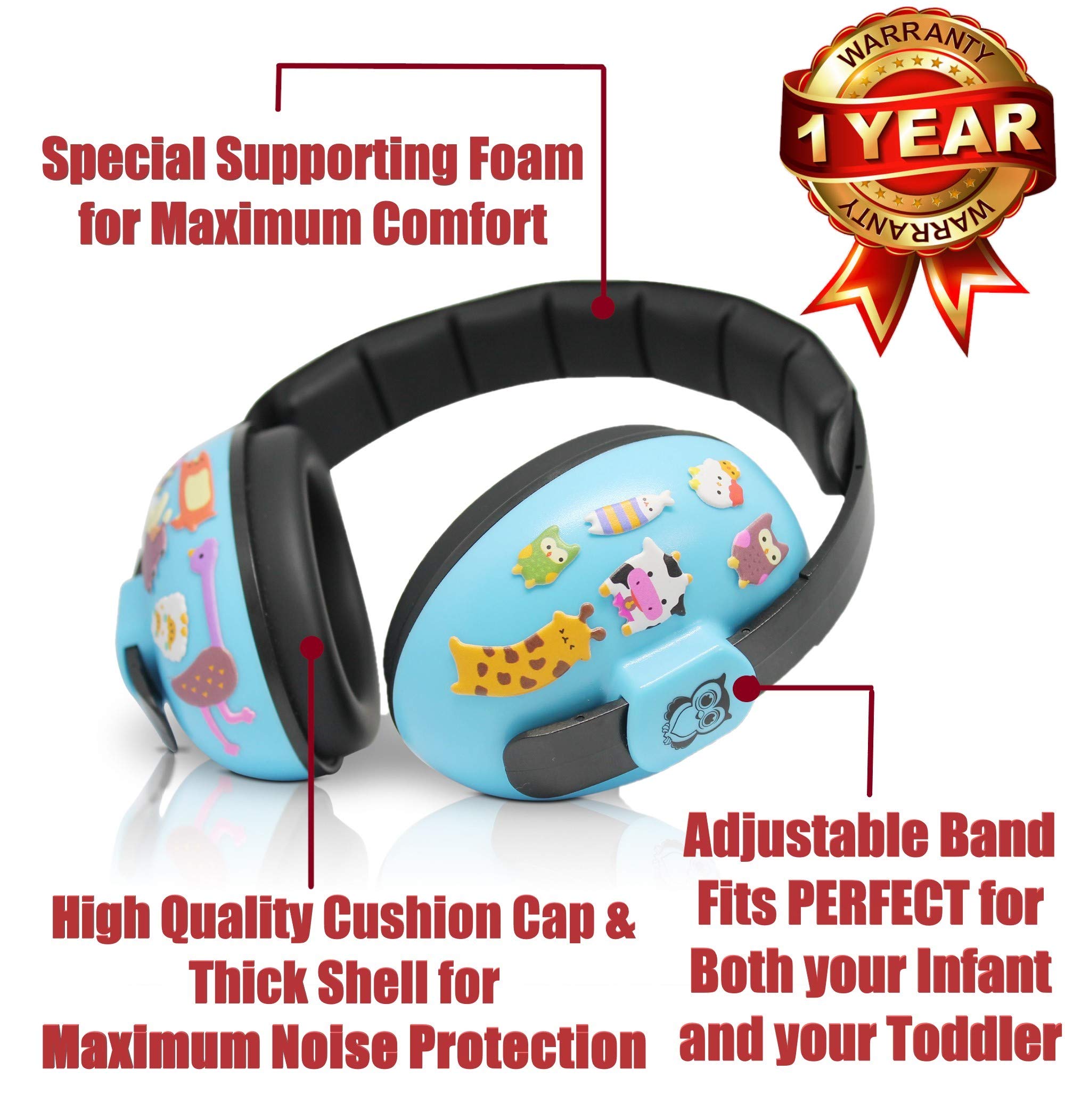 Noise Cancelling Baby Ear Protection Baby Earmuffs ~ Protect Infants and Kids Hearing with Safe, Sound Proof Ear Muffs ~ Comfort Fit + Bonus Travel Bag and Stickers by ROMS Baby (Blue)