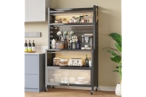 COVAODQ Kitchen Baker's Rack with Flip Door Cabinet, 5-Tier Microwave Stand with Pegboard Accessories for Garage Pantry Home Kitchen