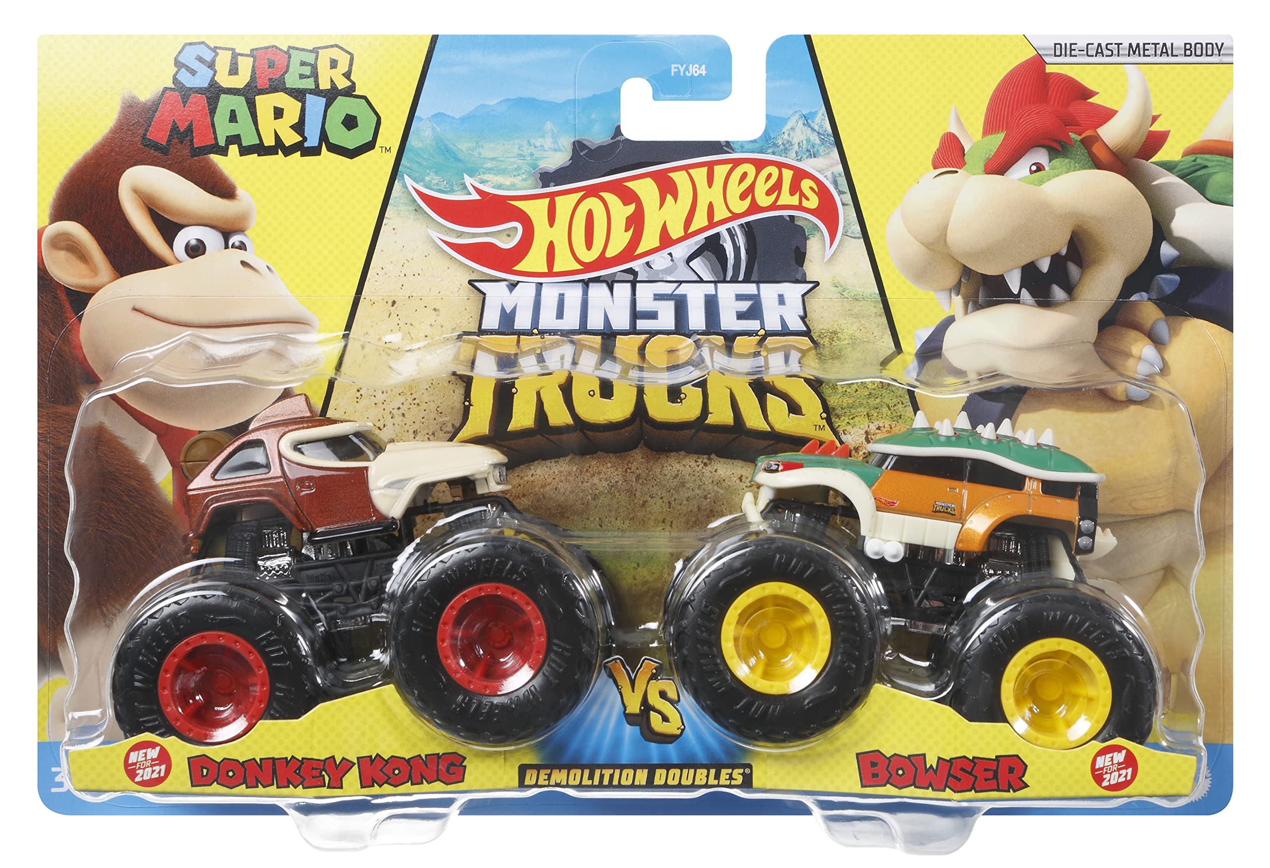 Hot Wheels HDH82 Monster Trucks 1:64 Pack of 2, 2 Toy Trucks with Giant Wheels, Car Racing Track Toy for Children from 3 Years