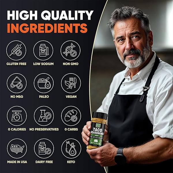 TACO SEASONING MIX GARLIC POWDER – GLUTEN FREE & LOW SODIUM MEXICAN SEASONING BLEND FOR TACO TUESDAY NIGHT. GARLIC AND HERB SEASONINGS FOR FAJITA & BURRITO. MEAT, CHICKEN & FISH TACOS TOPPINGS. 4.7OZ