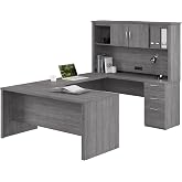 Bestar U or L Shaped Desk with Hutch and Drawers, Bark Grey, Logan, 66W | With Drawers and Hutch; The Bestar Logan U or L Shaped Desk with Drawers and Hutch offers a customizable solution