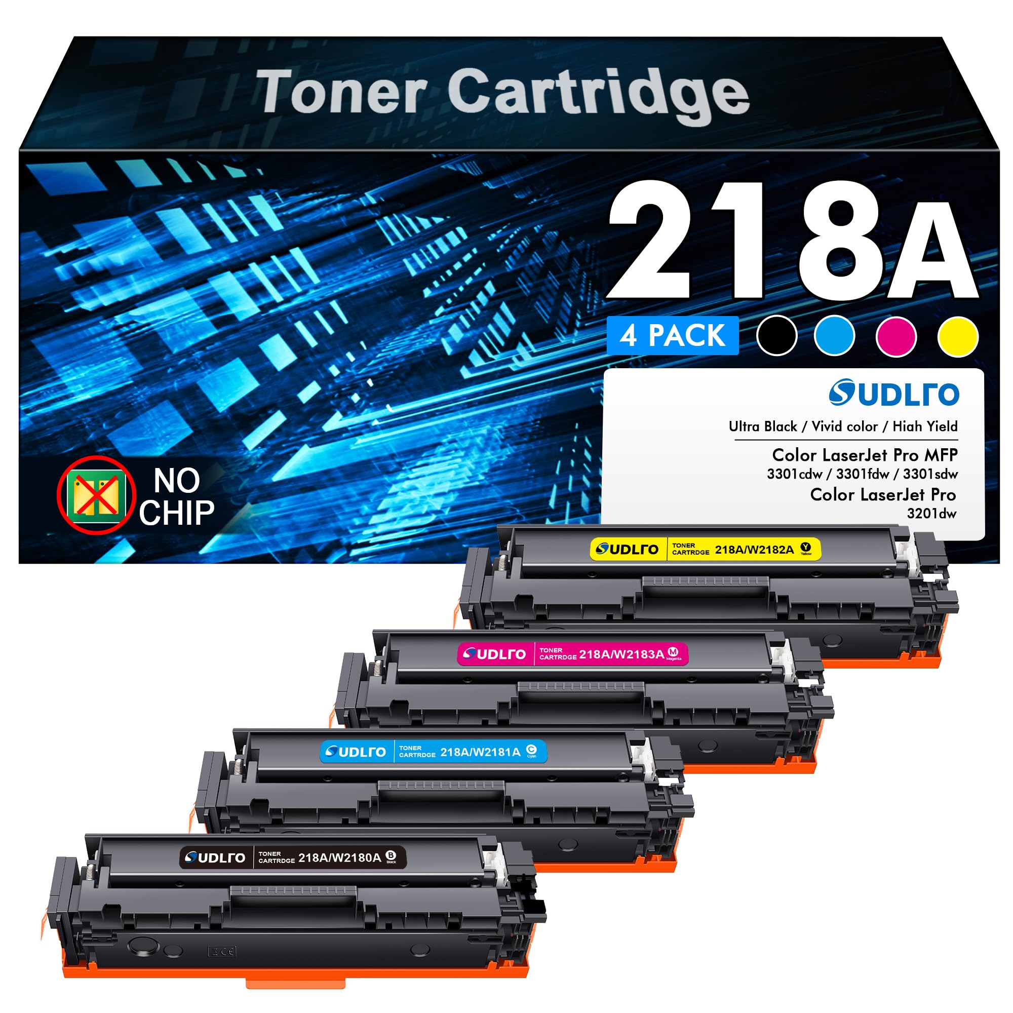 Photo 1 of 218A Toner Cartridges 4 Pack - MFP 3301fdw 218A Toner Replacement for HP 218A 218X Work for Color Laser Pro 3301fdw 3301cdw 3201dw 3301sdw Printer Ink W2180A (No CHIP, Black Cyan Yellow Magenta)