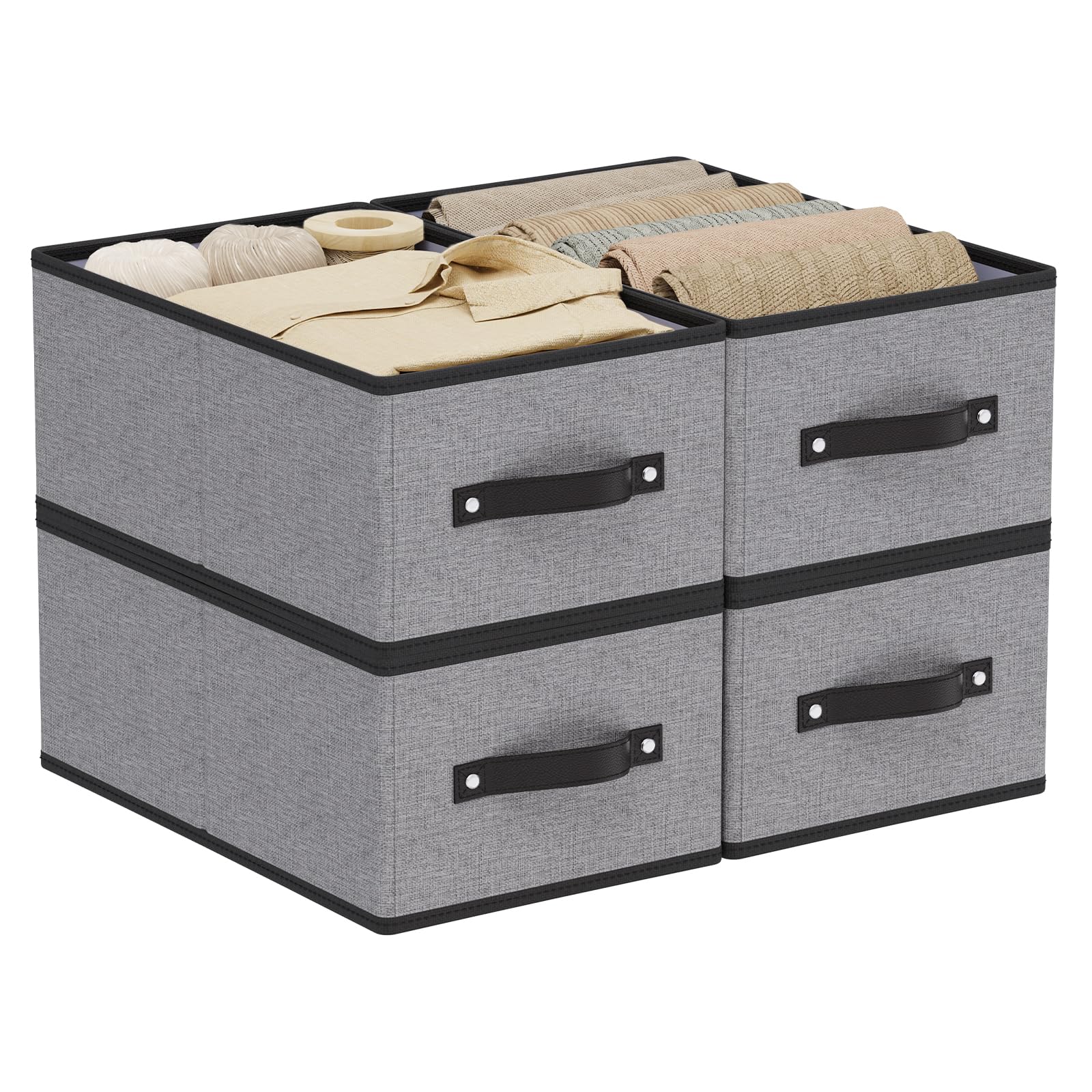 YheenLf Collapsible Storage Boxes, Open Foldable Baskets for Organizing with Handles, Fabric Containers Cubes for Wardrobe, Closet, Gray, 41×25×16.5cm, 4-Pack