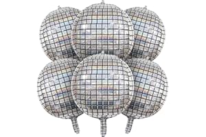 MDOZQ 6 PCS Disco Ball Balloons Silver Disco Mylar Foil Balloons 22 Inch Huge 4D Round Metallic Sphere Disco Party Balloons for 70s 80s 90s Party Decorations Birthday Bachelorette Party Graduation