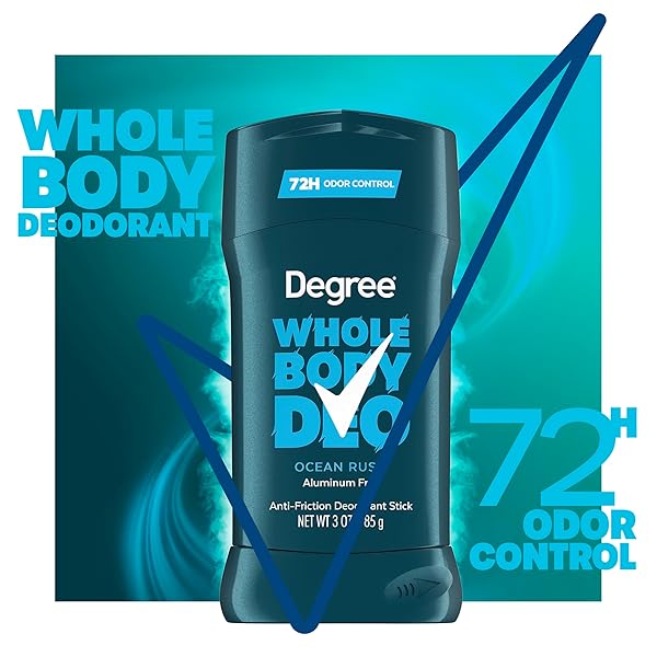 DEGREE MEN WHOLE BODY DEODORANT STICK, OCEAN RUSH SCENT, GLIDES ON CLEAR + ABSORBS SWEAT, ALUMINUM FREE 72H ODOR PROTECTION 3 OZ