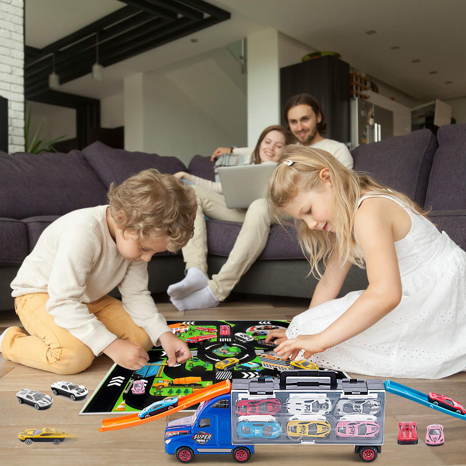 TAODUDU Kids Truck Transport Car -17 PCS Toy Car with Track Container Truck Toy Set , Activity Game Pad Dice and Alloy Race Model Transport Toys Cars for Kids , Boys & Girls