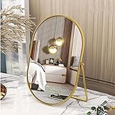 Numjeg Vanity Desk Table Mirror Oval Makeup Mirror 90°Adjustable Rotation Golden Metal Framed Standing Mirrors Room Decor for