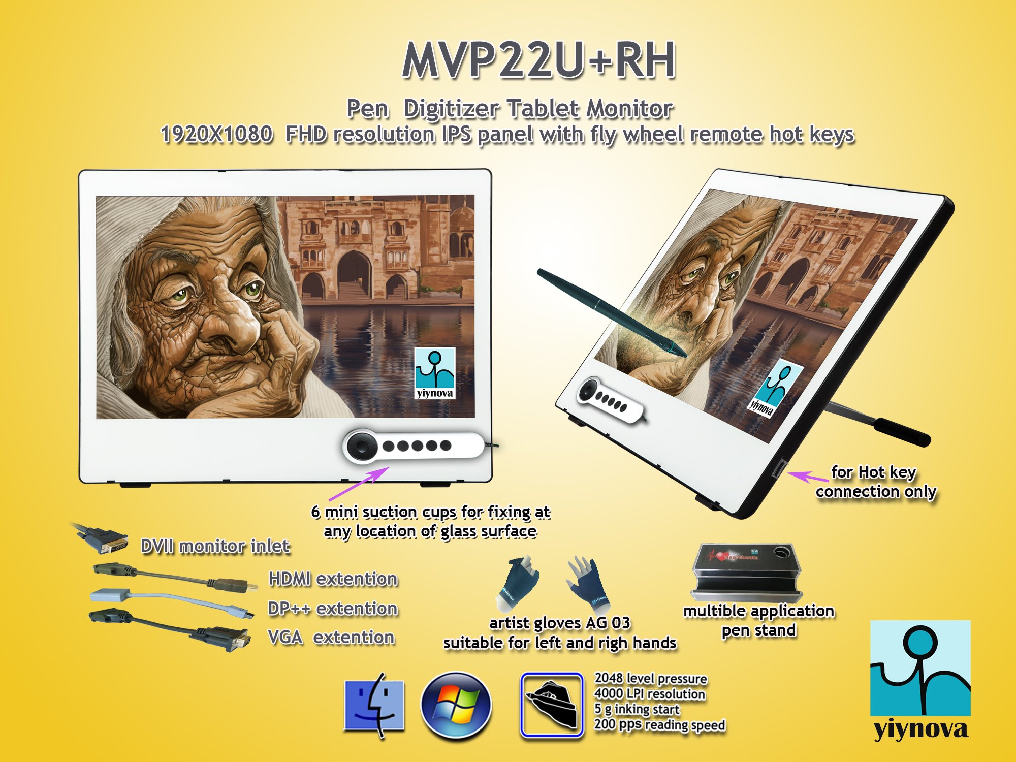 Galleon Yiynova MVP22U(V3)+RH Full HD Tablet Monitor,IPS Panel, DVII