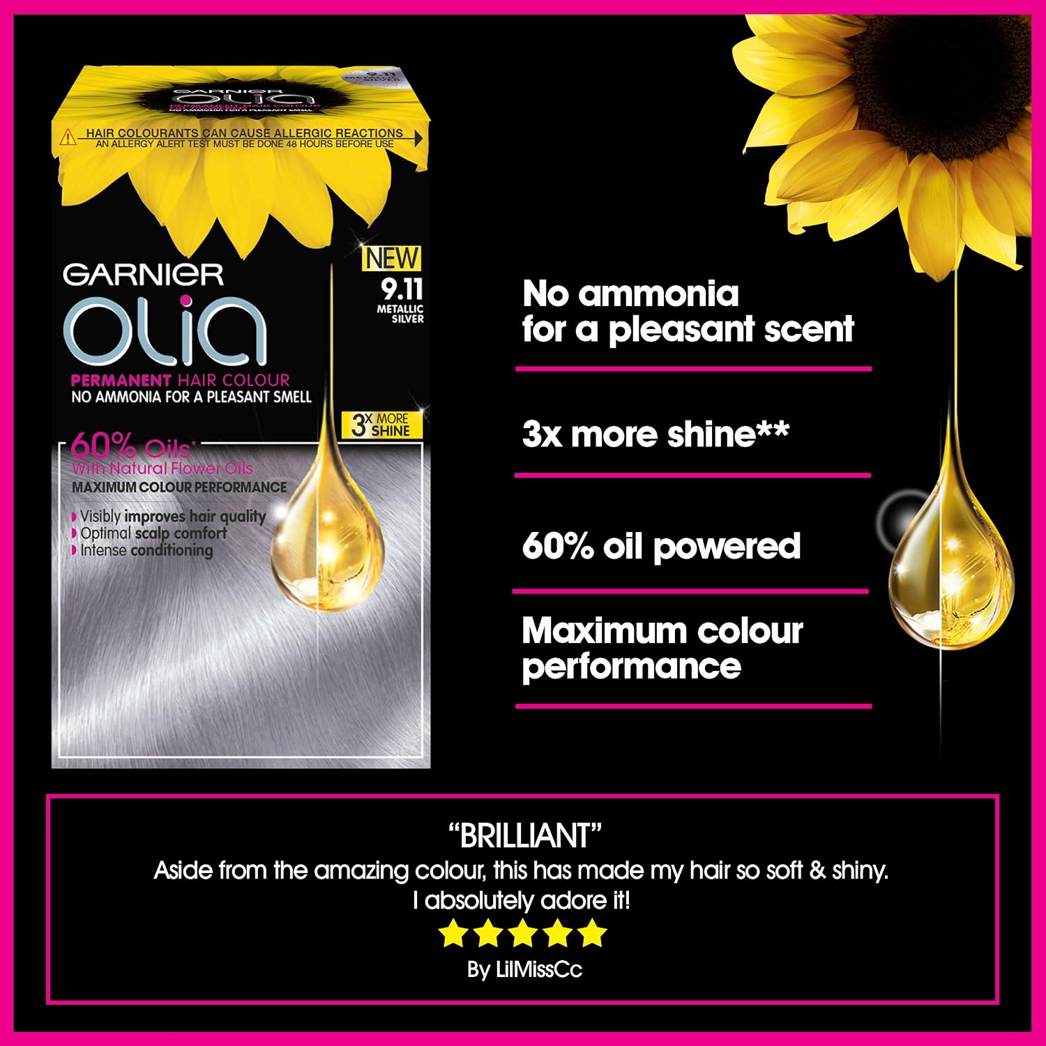 Garnier Olia Silver Hair Dye Permanent, Up to 100% Grey Hair Coverage, No Ammonia for a Pleasant Scent, 60% Oils - 9.11 Metallic Silver - Image 4