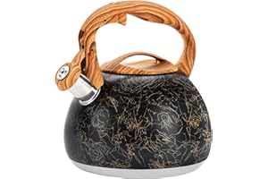 GGC Tea Kettle for Stove Top, Loud Whistling Kettle for Boiling Water Coffee or Milk, 3.1 Quart Stainless Steel Art Line Black Kettle with Wood Pattern Handle, Unique Button Control Kettle Outlet