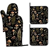 Mushroom Forest Plant Oven Mitts and Pot Holders,Dragonfly Heat Resistant Oven Mitts Gloves and Pot Holder for Home Kitchen Decorations Cooking Baking BBQ Gifts,Set of 4