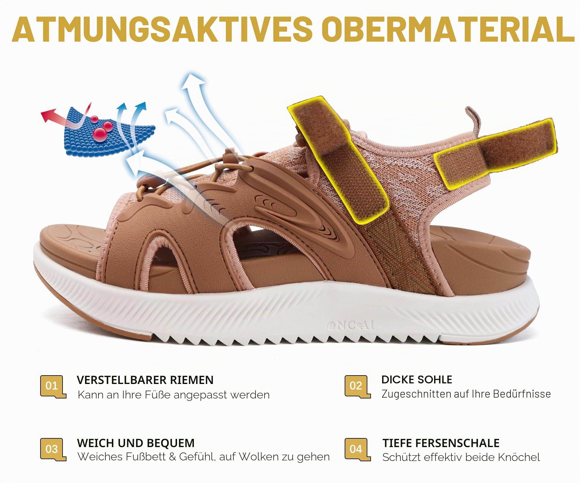 ONCAI Walking Sandalen Damen 2025, Sport Athletic Wandern Sandalen Arch Support Orthopädische Outdoor Fußbett für Plantar Fasciitis, Wasser Sandalas Damen mit Verstellbare Riemen Khaki/Weiß Größe 41 5