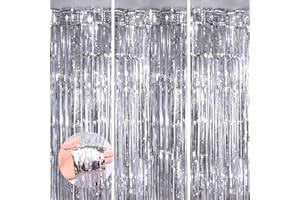 KEYALI 3 Pack 3.3 * 8.3 ft Foil Curtain Metallic Tinsel Fringe Curtains Photo Booth Props Backdrop for Birthday Wedding Engagement Baby Shower Christmas Holiday Celebration Party,Silver