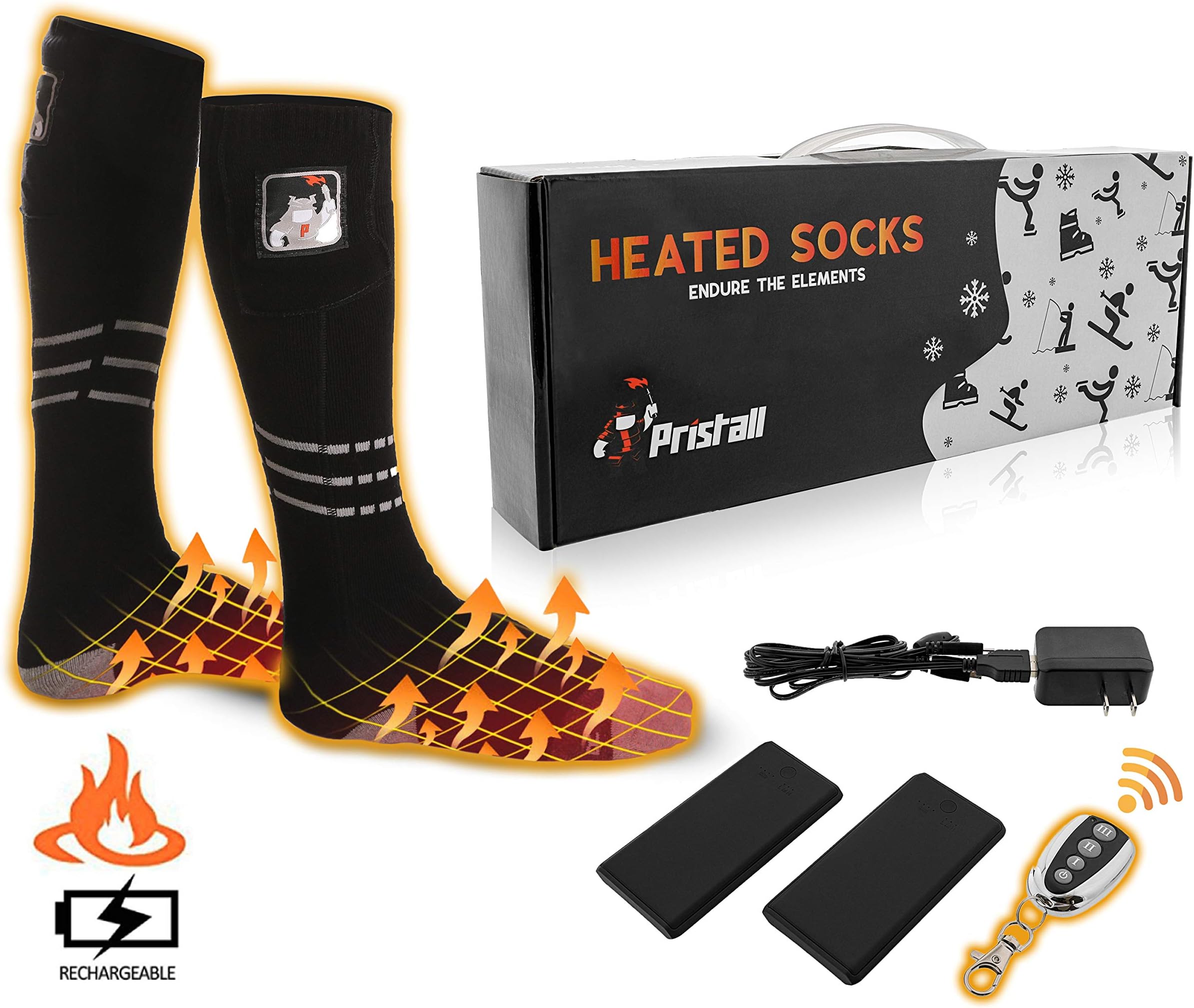 Pristall Remote Control Heated Socks | Rechargeable Battery Heating Socks for Men and Women | Deluxe Heat Socks Keep Feet Warm Indoors or Outdoors | Great for Ski, Outdoor Work, Camping and Hunting