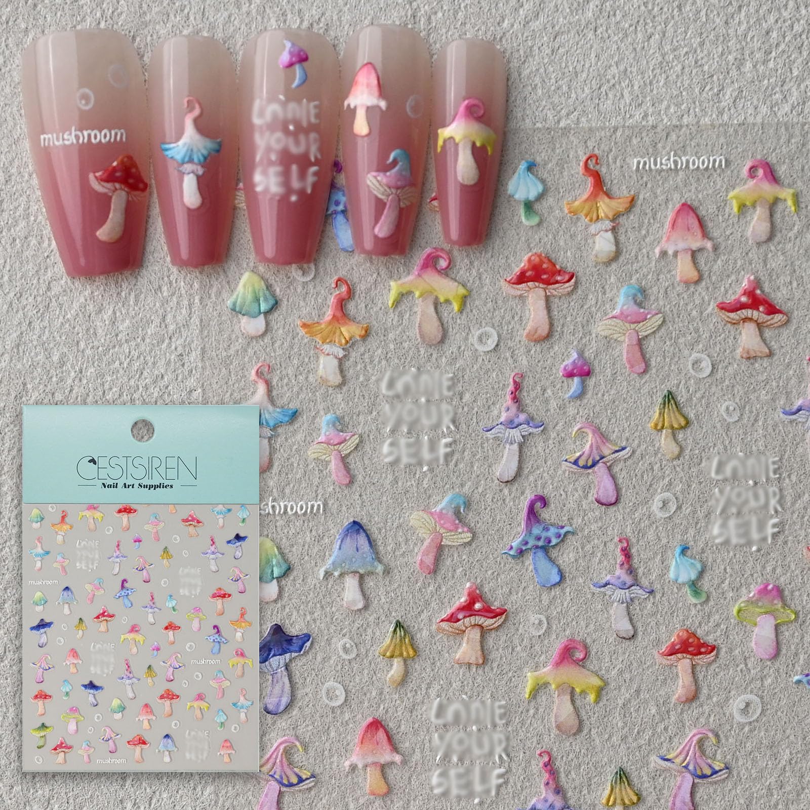 CESTSIREN Cute Mushroom Nail Stickers,Aurora Nail