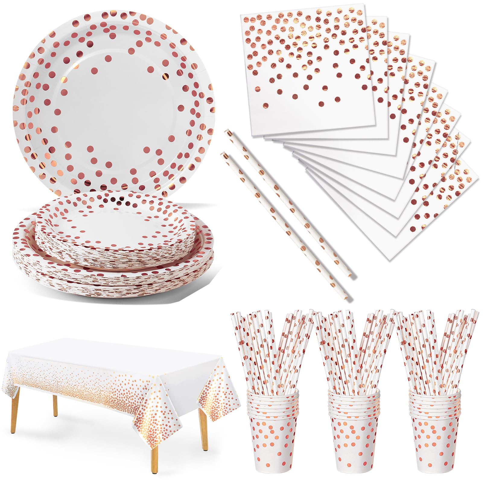 Nkaiso Party Tableware 126 Piece Rose Gold Paper Tableware Set Includes Birthday Paper Plates Napkins Cups Straws for Wedding Shower Engagement Wedding Birthday-25 Guests