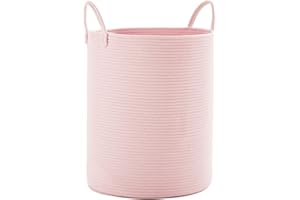 MOJOSCEND 80L Extra Large Pink Hamper Laundry Basket for Baby Girls Tall Nursery Hamper for Kids Woven Rope Clothes Basket for Little Girls Room Bedroom Light Pink Kawaii Tall Laundry Bin