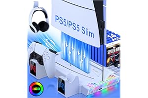 DINOSTRIKE PS5 Slim Cooling Station with Dual Controller Charging, PS5 Stand Vertical for Playstation 5 Console Digital Disc Edition, PS5 Accessories with 3 Levels Cooling Fan 14 Game Slots Headset Holder