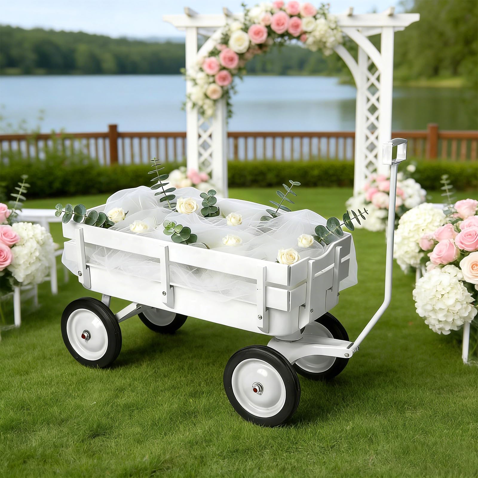 Pull Along Wagon,White Flower Girl Wagon All-Terrain Wedding Wagon with Removable Wooden Side Panels, Big Tires and Wide Grip Handle for Weddings