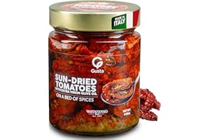 Gusta Sun Dried Tomatoes in Olive Oil on a Bed of Spices - Made in Italy - Organic Sundried Tomato Glass Jar with Extra Virgin Olive Oil - Non-GMO, All Natural - Perfect Snack - 9.88oz Glass Jar