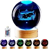DIGFPWT Shark Crystal Ball Night Light, 3.15 Inch K9 Crystal Ball with Wooden Base, 16 Colors, Remote Control, Art Deco Decor