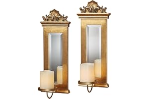 TOUCH OF CLASS Acanthus Mirrored Wall Sconces Gold Set of Two - Beveled Mirror - Large Ornate Candle Holder Pair - Elegant Wall Decor for Bedroom, Dining, Living Room - Stately Decor