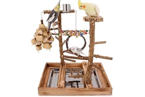 LIMIO Bird Playground - Natural Wood Bird Perch Stand with Removable Tray and 2 Stainless Steel Cups