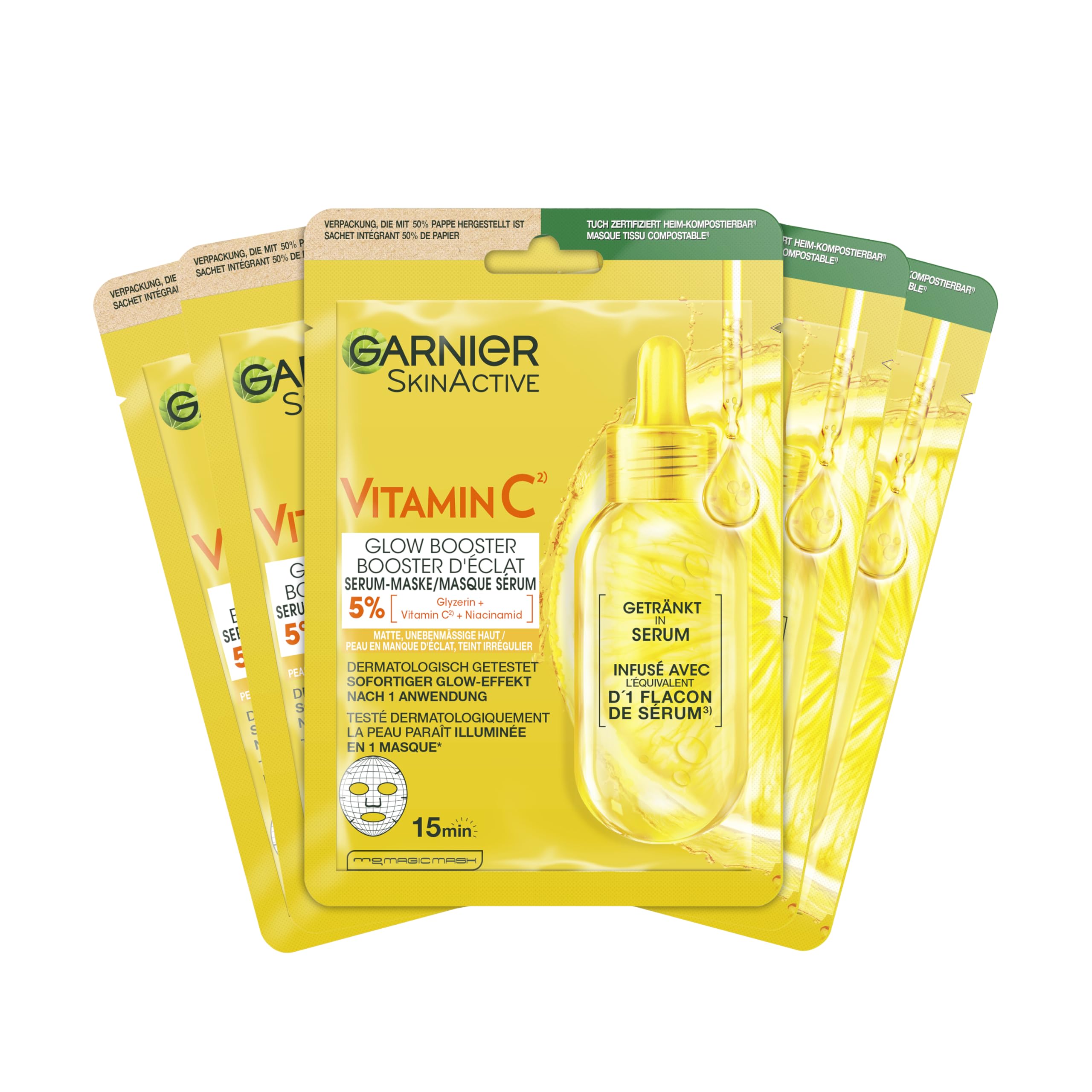 Garnier Moisturising Cloth Masks for Sensitive Skin, with Hyaluronic Acid and Vitamin C, for Radiant Skin and Glow Effect, SkinActive, 5 x 1 Masks