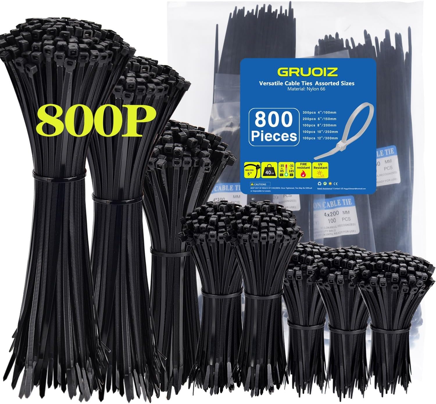 800 Pack Cable Ties Assorted Sizes 3.6mm x 100/150/200/250/300mm Black Cable Ties Heavy Duty Tie Wraps Assorted Plastic Zip Ties 40lbs Wire Ties Black Small Nylon 66 Plastic Ties for Home, Gardening
