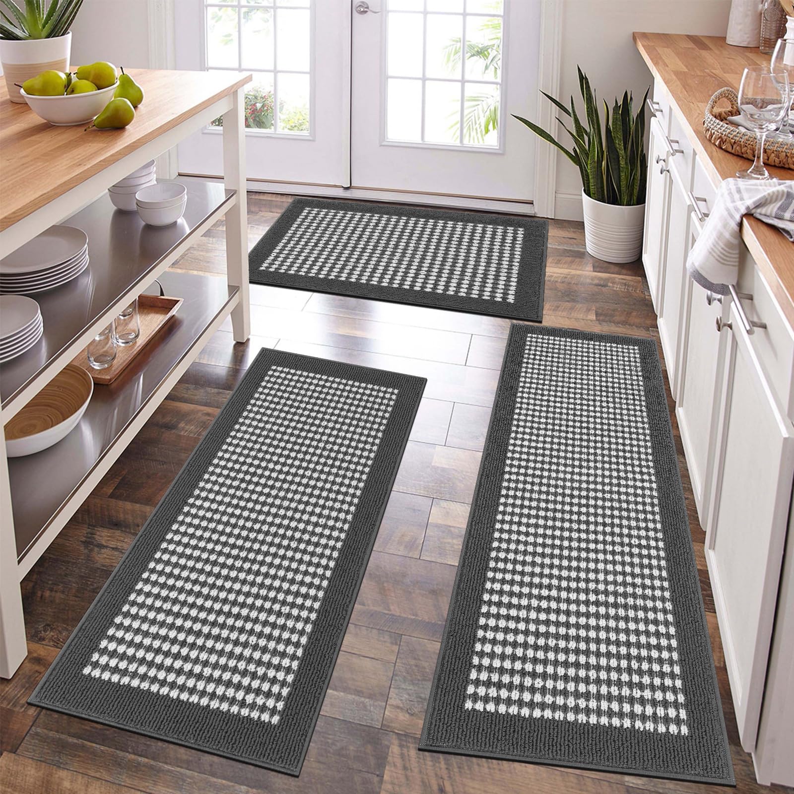 Ileading Kitchen Mat Sets 3 Piece Minimalist 3D Lattice Kitchen Floor Rugs with Non Slip Rubber Backing Machine Washable Farmhouse Runner Rugs for Laundry Hallway Doormat(Dark Gray) - Image 7